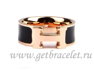 Hermes Enamel Clic H Ring in 18kt Pink Gold with Black